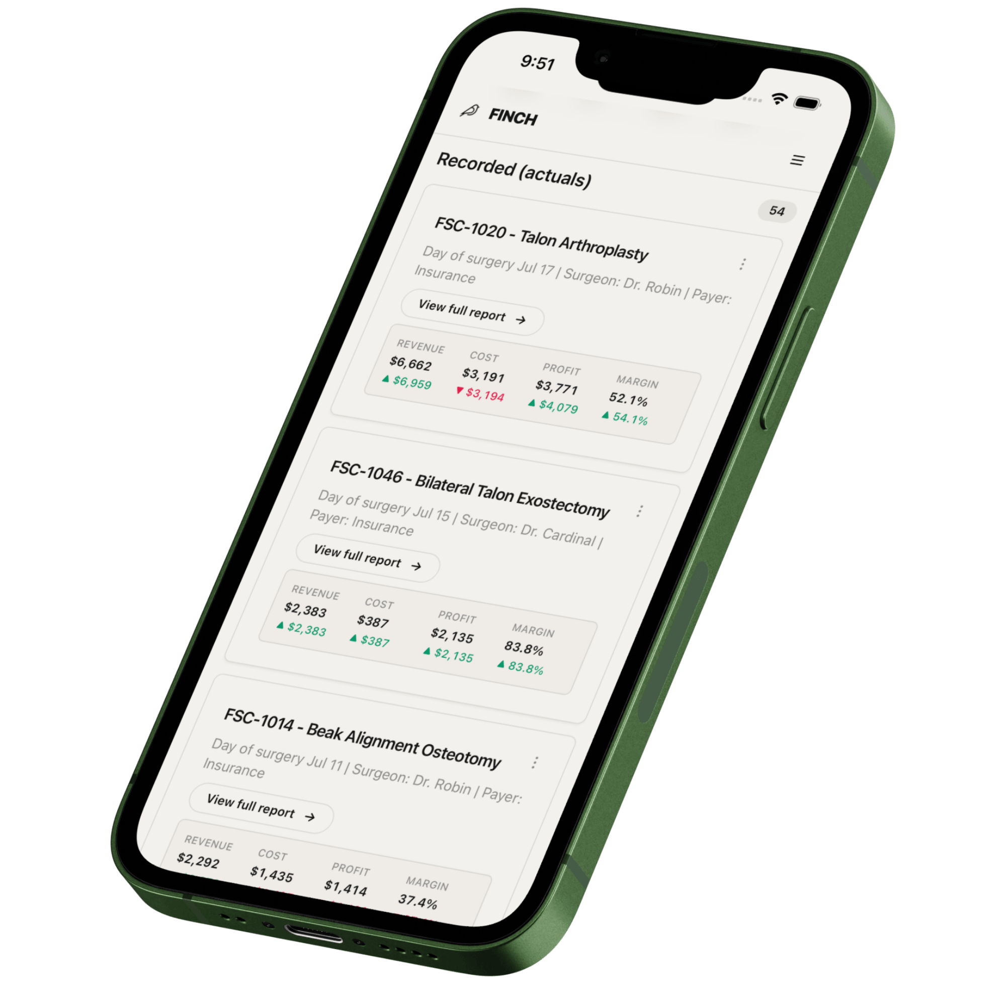 Finch mobile app on iPhone — recorded case actuals and profitability reports